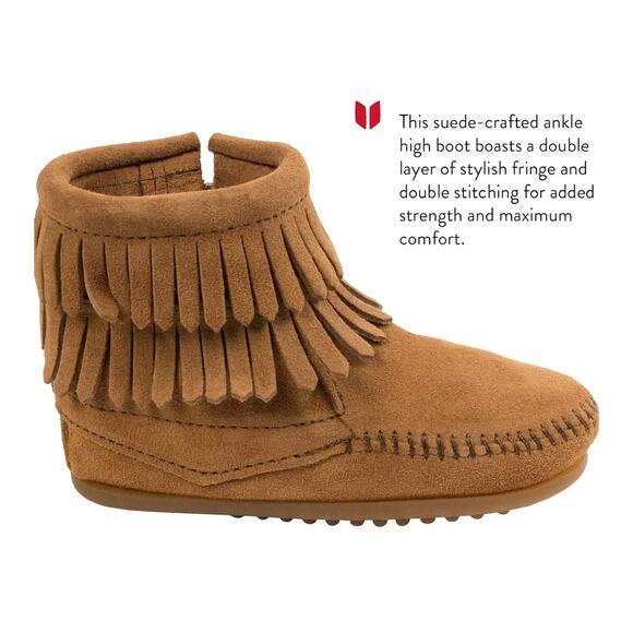 Minnetonka Double Fringe Side Zip Bootie Brown Suede Leather Little Kids US 5 - Picture 2 of 14